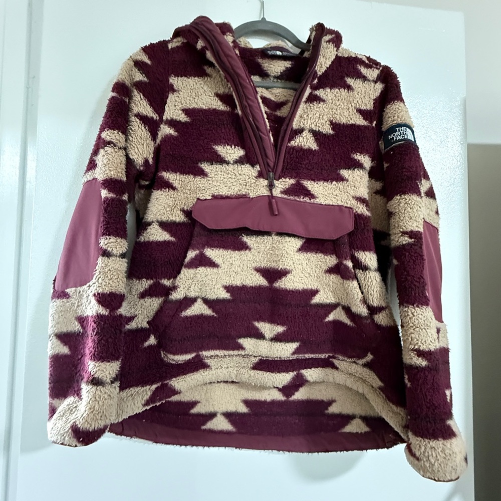 The North Face Burgundy Beige Aztec Patterned Sherpa Fleece Sweater